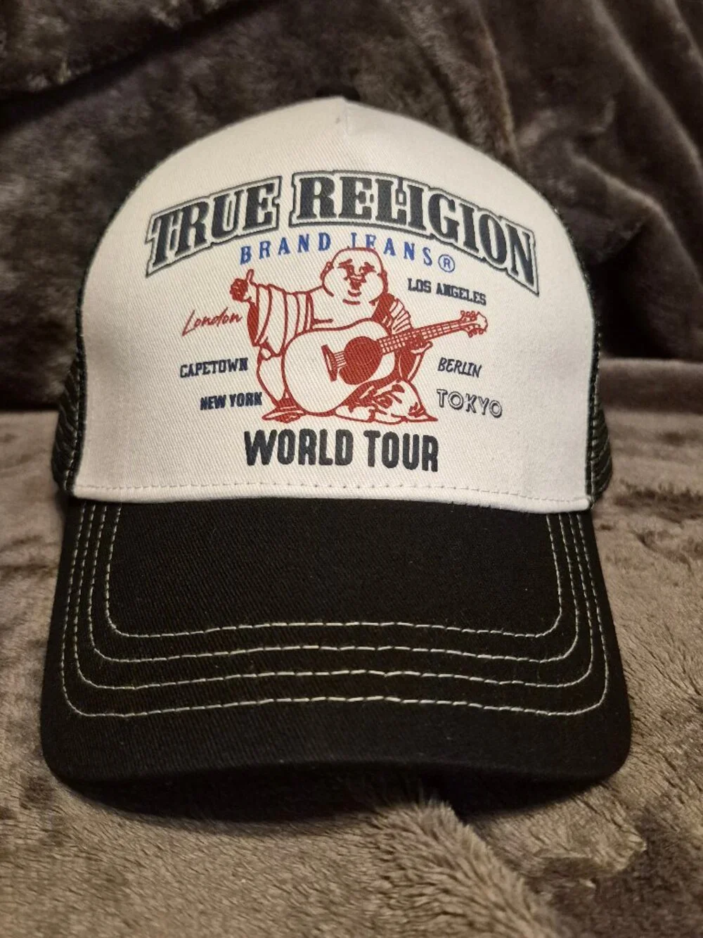 True Religion Buddha World Tour Logo Mesh Black/White Trucker Hat NEW!